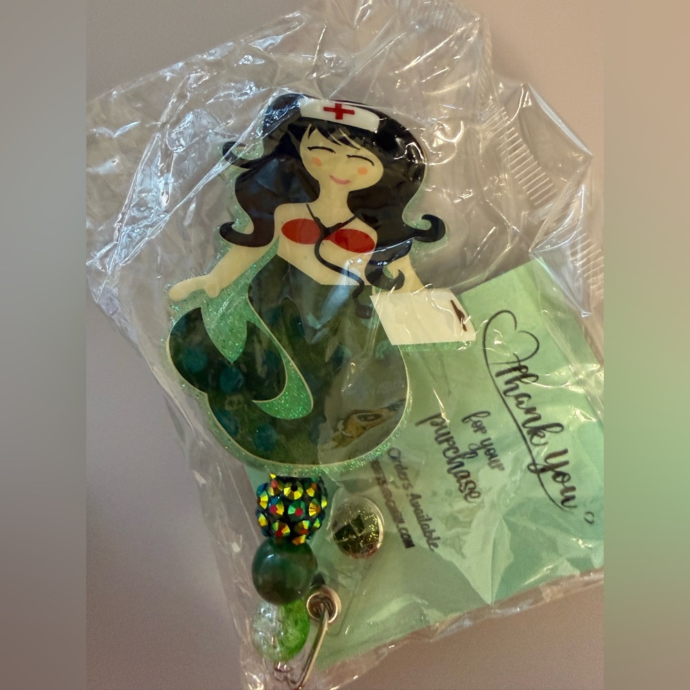 Mermaid Nurse ID Badge Reel - Green with Red Accent